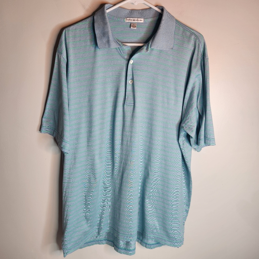 Peter Millar Cotton Blue Striped Short Sleeve Polo Shirt, Size L